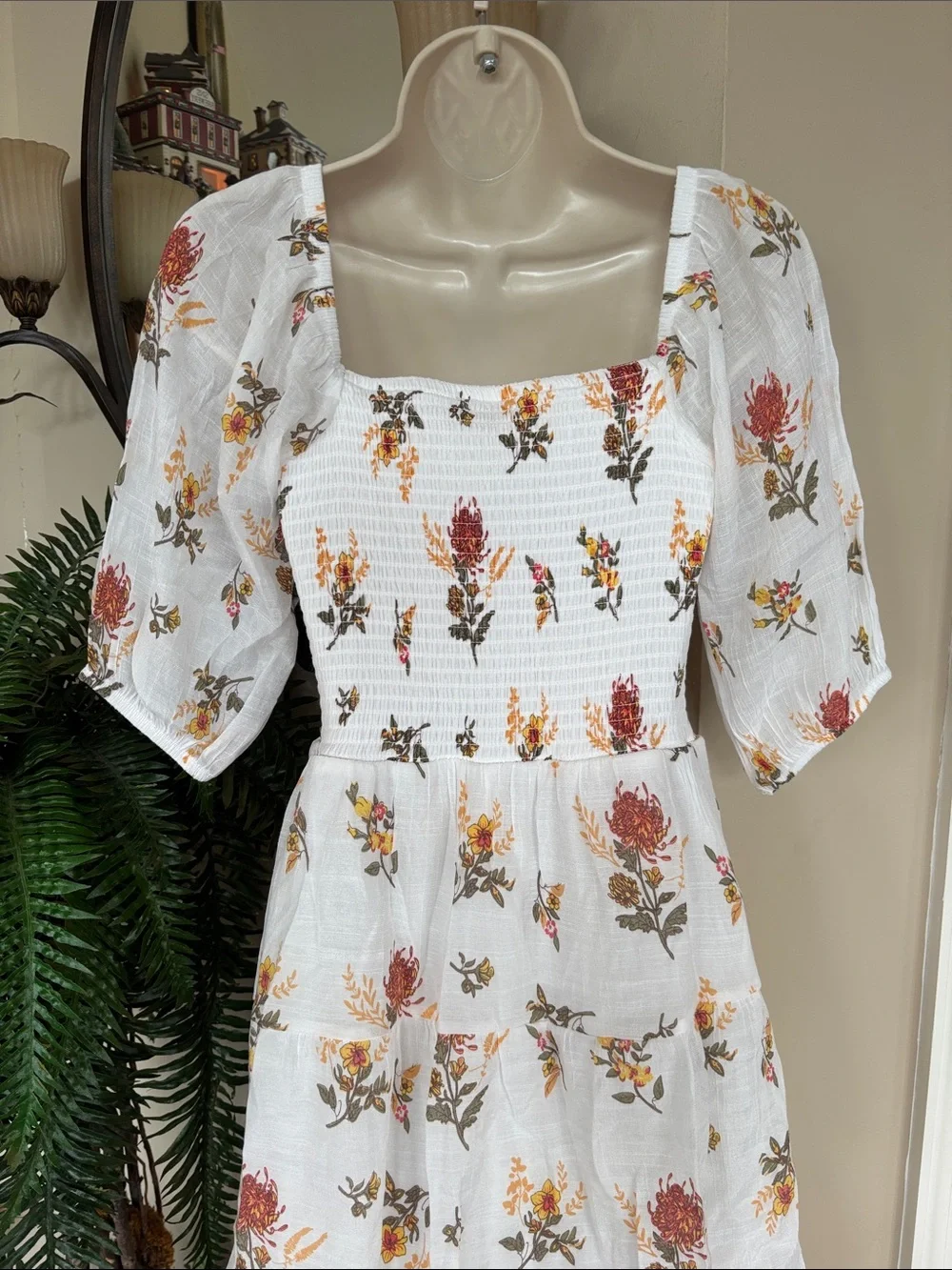 J. Gee White Boho Floral Tiered Maxi Dress Smocked Bodice Ruffle Puff Sleeves - Picture 10 of 15